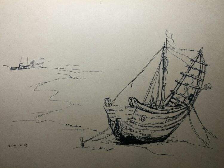 小人坐木船绘画